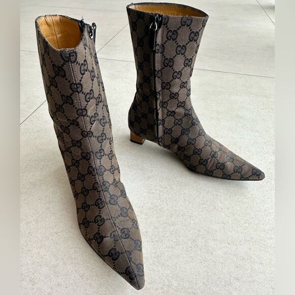 Gucci Vintage 90'S Brown GG Monogram Canvas Boots Wood Heels US 6B - Picture 2 of 16